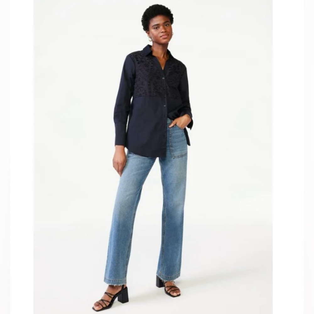 Scoop Eyelet Button Down Shirt